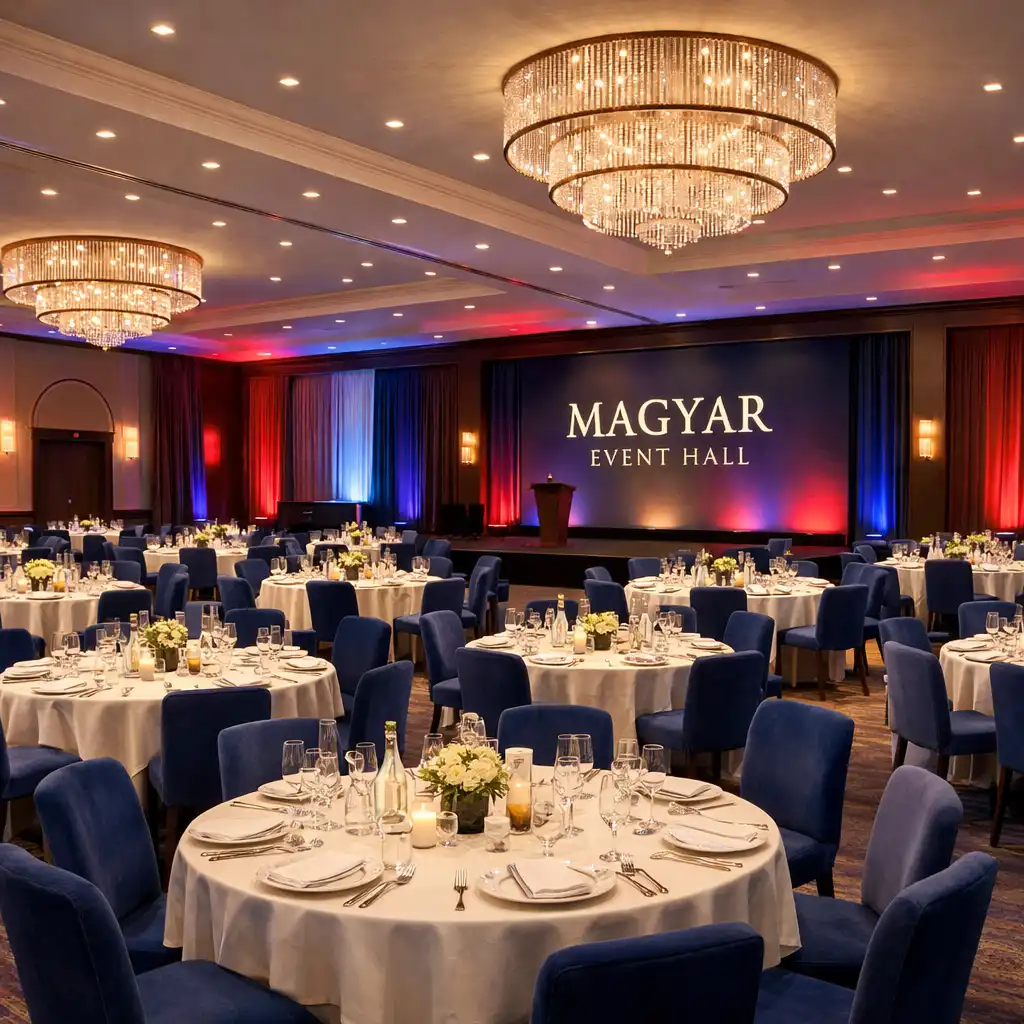 Elegáns, megterített asztalok céges rendezvényhez a Magyar Event Hall éttermi terében
