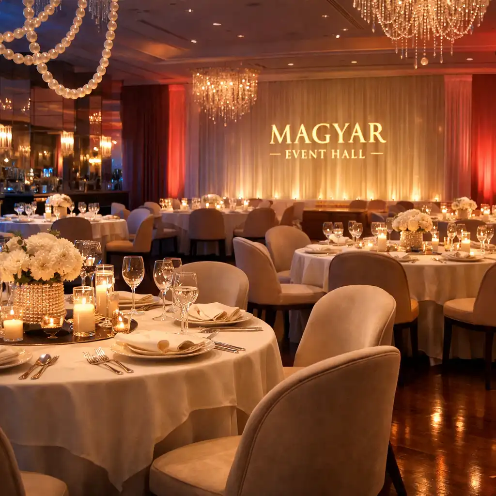 Magyar Event Hall elegáns, gyertyafényes belső tere esti hangulatban