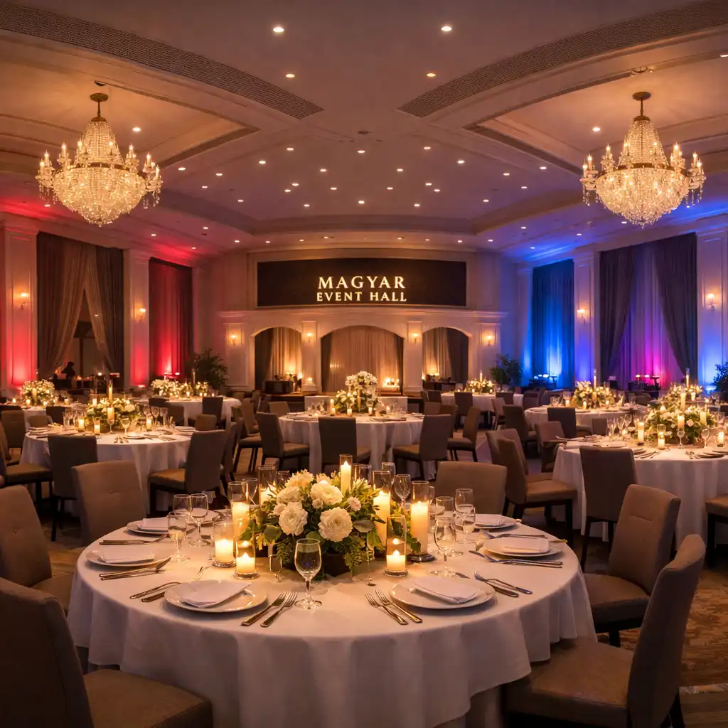 Magyar Event Hall elegáns, meleg fényekkel megvilágított éttermi enteriőrje