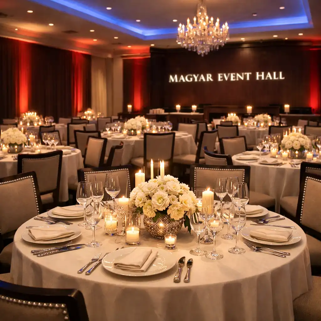 Elegánsan megterített éttermi asztalok a Magyar Event Hallban