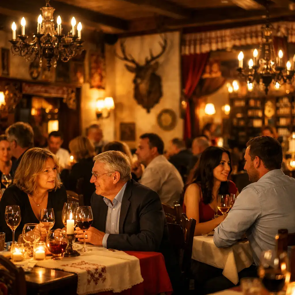 Meghitt esti hangulat, baráti társaságok beszélgetnek a Magyar Event Hall asztalainál