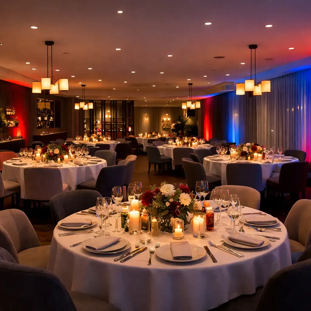 Elegánsan megterített privát rendezvényterem a Magyar Event Hallban