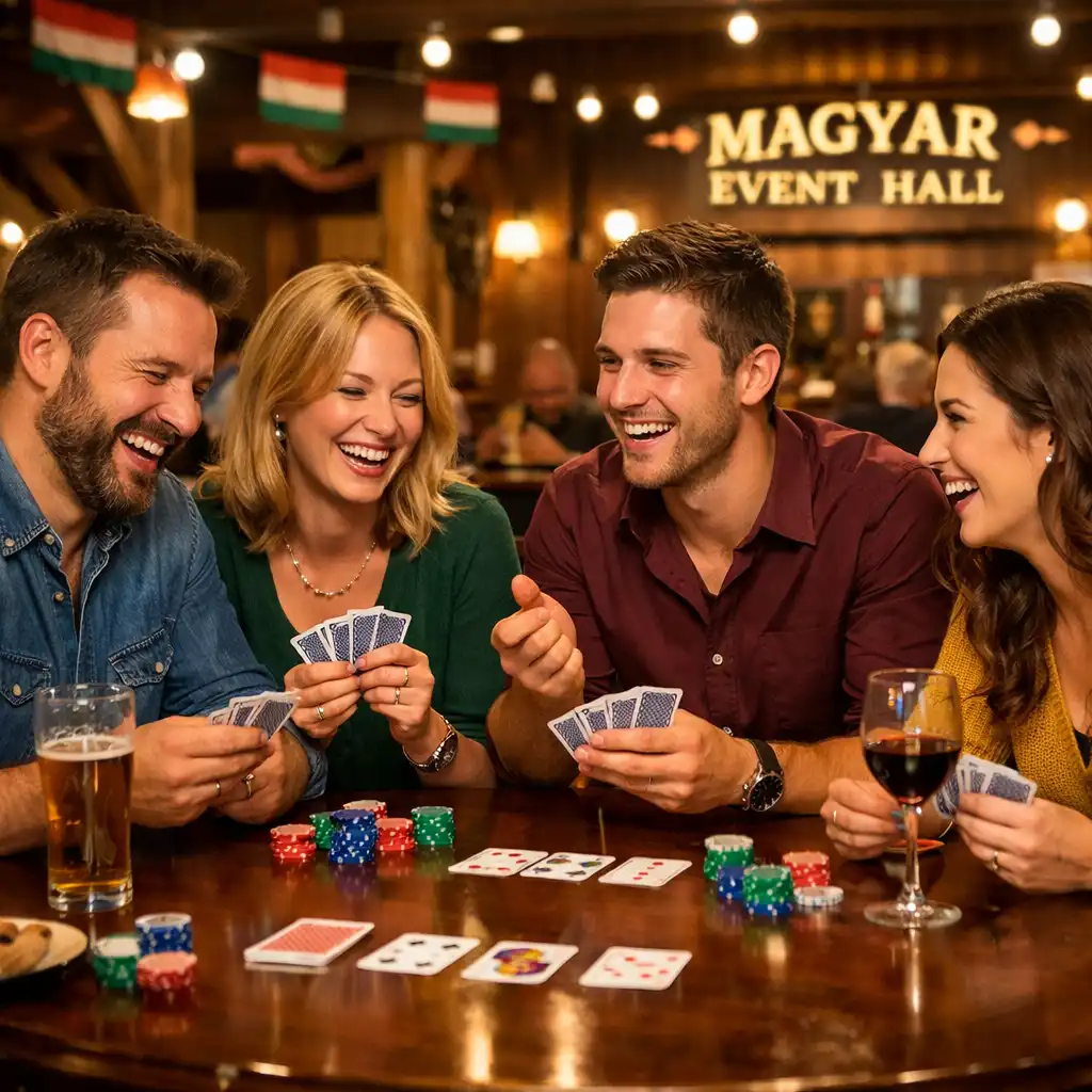 Baráti társaság rekreációs offline póker esten a Magyar Event Hallban