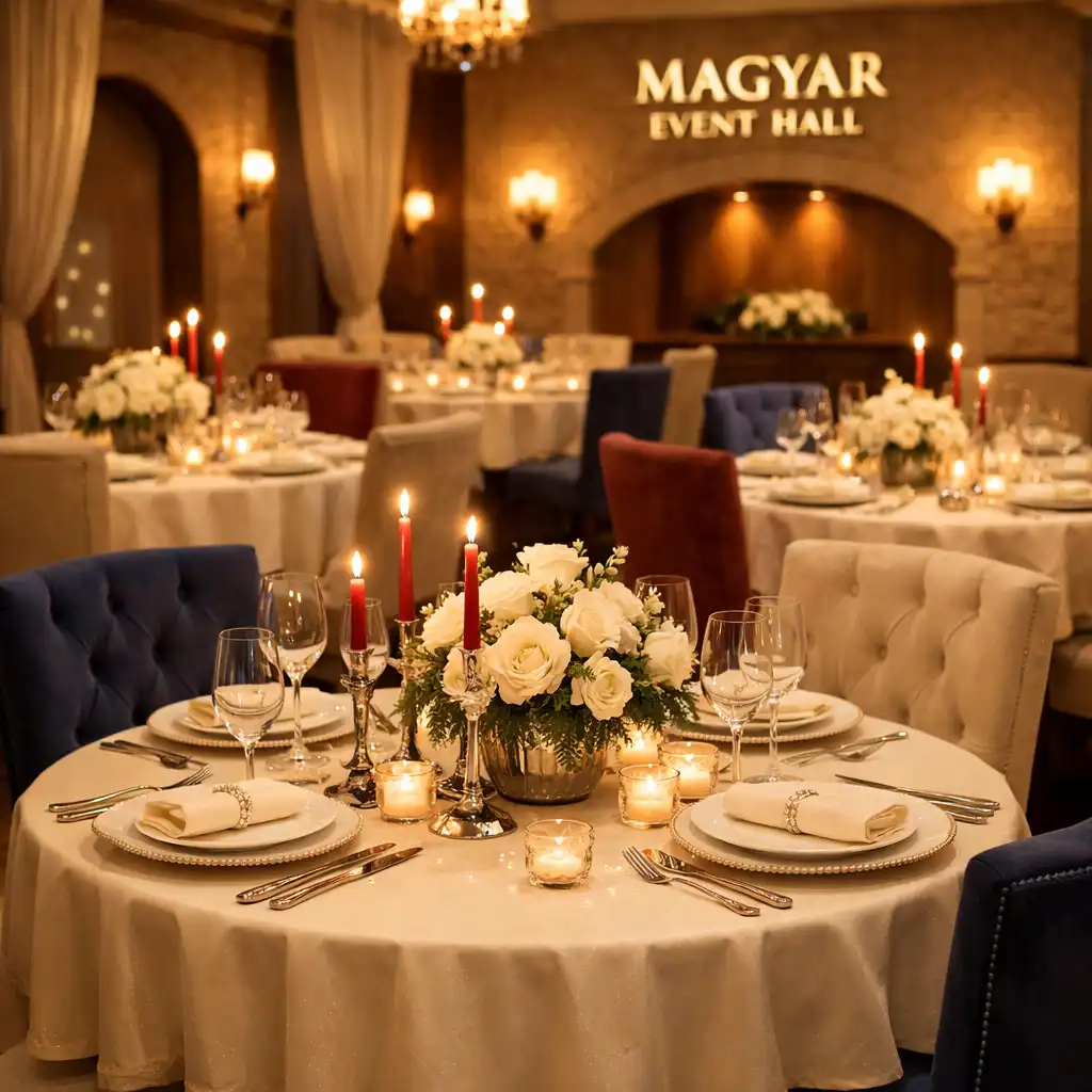 Hangulatos, szépen megterített asztalok a Magyar Event Hall éttermében